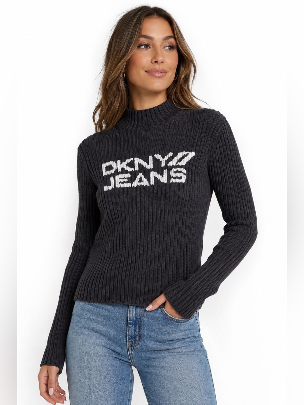 DKNY Black Ribbed Mock Neck Sweater with White Logo/ ladies M